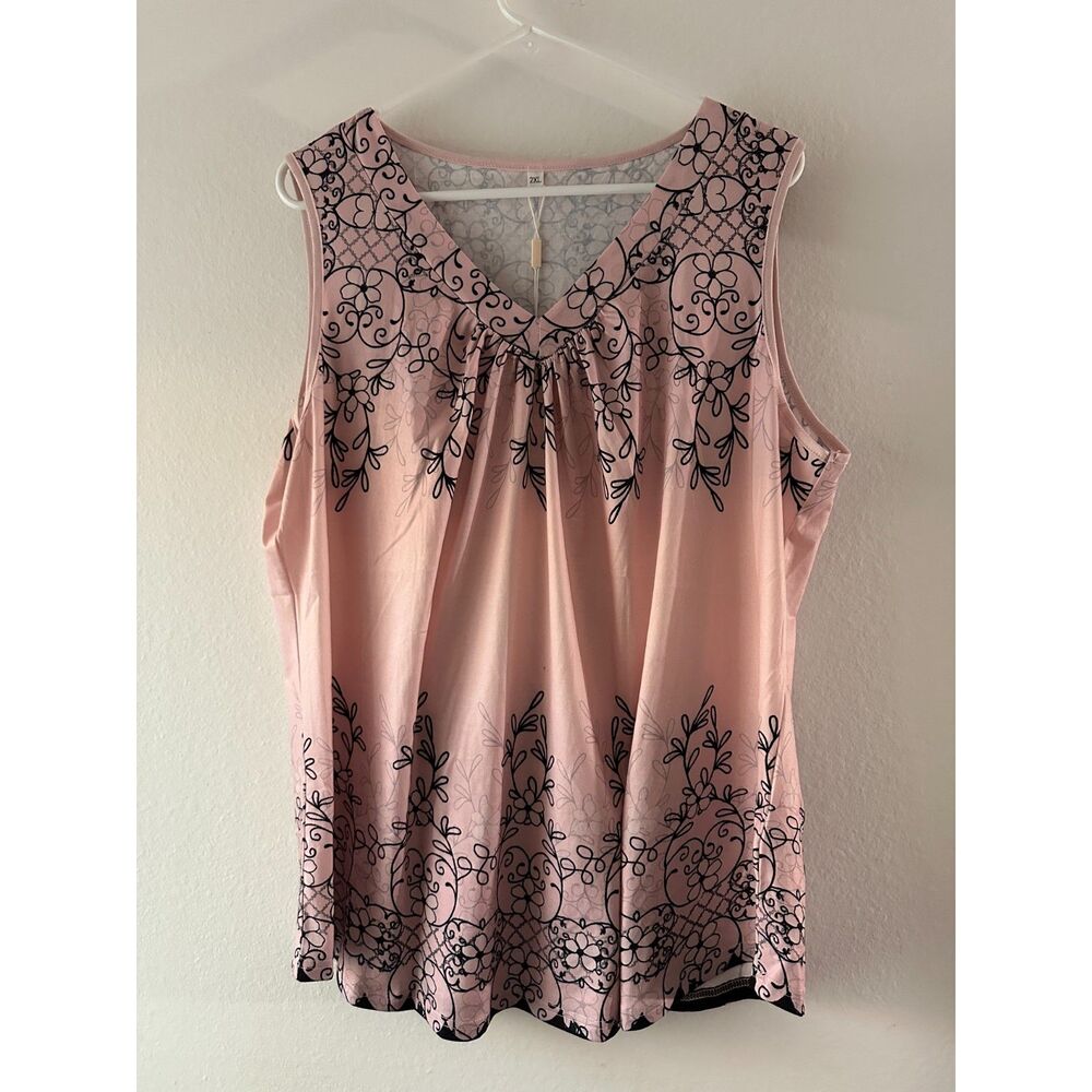 Classsic Style Pink Black Floral Border Plus Size V-Neck Tunic Tank Blouse - 2XL
